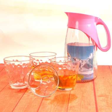 Pitcher Teko Kaca Set Gelas Drink Set 5 Pcs Water Set Kimglass Ketel Riak Jug Glass Tutup Dan Handle