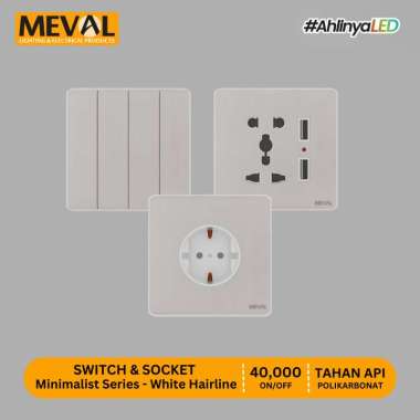 MEVAL Stop Kontak Saklar dan Soket Minimalist - Pearl White Hairline 3 Gang 1 Arah