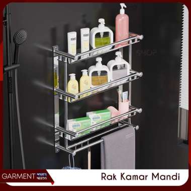 Rak Dinding Kamar Mandi Susun Rack Kabinet Penyimpan Sabun Shampo Gantungan Handuk Stainless Steel A
