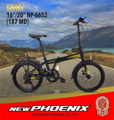 Sepeda Lipat PHOENIX 6652 Ukuran 16 & 20 Inch 7 Speed Rem Cakram Boncengan Dewasa Anak 20 Inch Hitam
