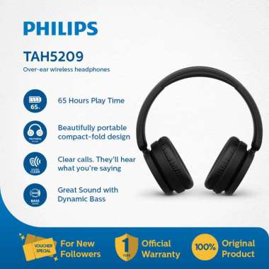 Philips TAH5209 Over-Ear Wireless Headphones Hitam - 65 Jam Pemutaran