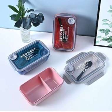 Lunch Box Kotak Makan Set Bekal Makan 2 Sekat Tempat Bekal Makan Anti Tumpah Free Sendok Garpu SEKAT