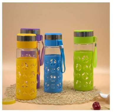 Botol Minum Kaca Lapis Karet Motif Lucu Tumbler Kaca Botol Minum Sport Motif Cover Plastik 750ml 888