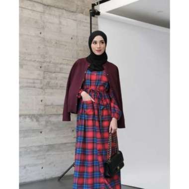 GONEGANI OFFICIAL - Dress Motif Tartan Bahan Flanel Union Dress Red Blue