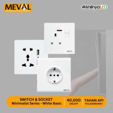 MEVAL Stop Kontak Saklar dan Soket Minimalist - White Basic 3 Gang 1 Arah