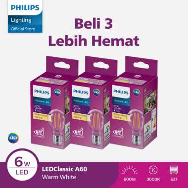 Paket Hemat 3X Lampu Philips Filament Bohlam LED 6W A60 E27 Kuning