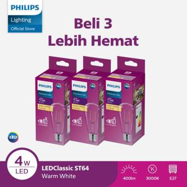 Paket Hemat 3X Lampu Philips Filament Bohlam LED 4W ST64 E27 Kuning