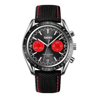 Jam Tangan Pria SKMEI 9292BKRD Men Black Dial Black Leather Strap