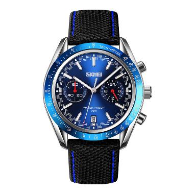Jam Tangan Pria SKMEI 9292BUBK Men Blue Dial Black Leather Strap