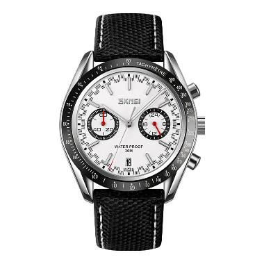 Jam Tangan Pria SKMEI 9292BKWT Men White Dial Black Leather Strap