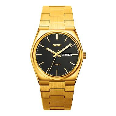 Jam Tangan Pria SKMEI 9288GDBK Men Black Dial Gold Stainless Steel Strap