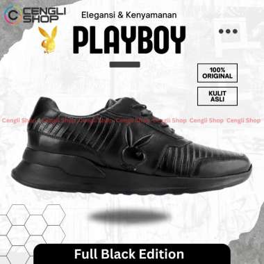PLAYBOY SEPATU SNEAKER KULIT PRIA ORIGINAL SNEAKERS KETS ASLI ORI ALL FULL BLACK HITAM POLOS PL26