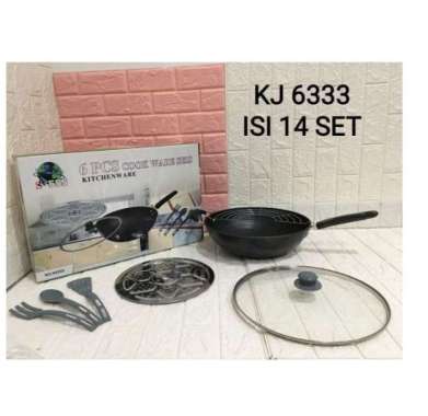Wajan Penggorengan Wokpan Kukus Set Enamel Tutup Kaca Anti Lengket Saringan Panci Gagang Cookware 7P