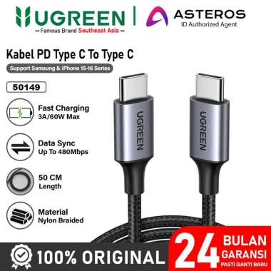 UGREEN Kabel Type C to Type C Pendek Powerbank PD Fast Charging Nylon 60W 0.5M