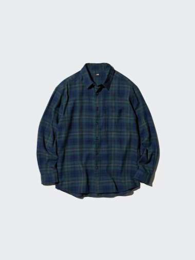 UNIQLO Kemeja Flannel Kotak Pria Lengan Panjang Olive XL