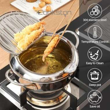 COOKSTON FREE TONG! 304 Stainless Steel Deep Frying Pot - Tempura Fryer Pan - 1.2L DEEP FRY THERMO