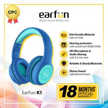 EarFun K1 Kids Headphone – Portable Headset Anak dengan Microphone & Kabel Blue