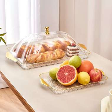 OEM SK-C1206 Set Nampan Saji Transparan Aesthetic dengan Tutup Nampan Mewah Handle Gold / Food Tray 