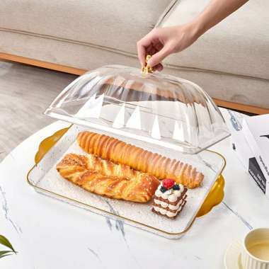 OEM ONE-C1206 Set Nampan Saji Transparan Aesthetic dengan Tutup Nampan Mewah Handle Gold / Food Tray