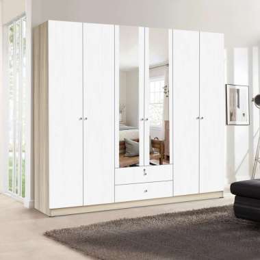 KIRANA Morris - Lemari Pakaian Kayu 6 Pintu Putih Wardrobe Jumbo Modern Minimalis Morris Kaca