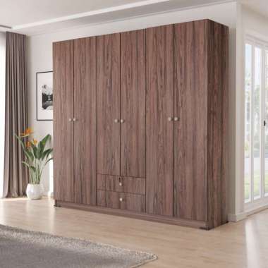 KIRANA Morris - Lemari Pakaian Kayu 6 Pintu Putih Wardrobe Jumbo Modern Minimalis Brown Oak Polos