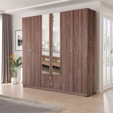 KIRANA Morris - Lemari Pakaian Kayu 6 Pintu Putih Wardrobe Jumbo Modern Minimalis Brown Oak Kaca