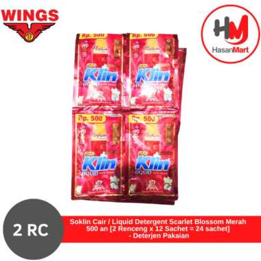 Soklin Cair / Liquid Detergent Scarlet Blossom Merah 500 an  [2 Renceng x 12 Sachet Free 1 Sachet = 