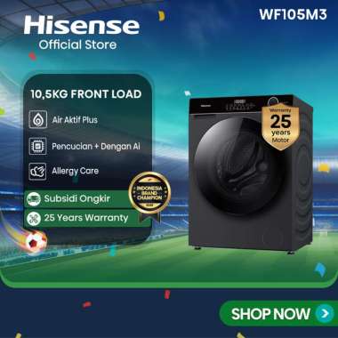 Hisense Mesin Cuci WF105M3 Front Loading Kapasitas 10.5KG 1 Tabung Bukaan Depan Active Water Plus AI
