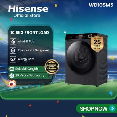 Hisense Mesin Cuci WD105M3 Front Loading Kapasitas 10.5KG 1 Tabung Bukaan Depan Active Water Plus AI