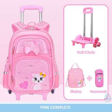 Tas Troli Roda Anak Perempuan SD Bisa Lepas Pasang Cat Black Pink Dapat Slingbag & Kotak Pensil | Ki