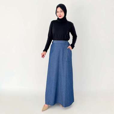Lezahrasignature Amy Denim Skirt - Rok Jeans Flare Wanita Bawah Lebar XL DARK BLUE