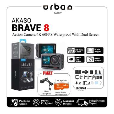 Akaso Brave 8 4K 60FPS Waterproof Action Camera Dual Screen - Resmi +Mic&SUN 64GB