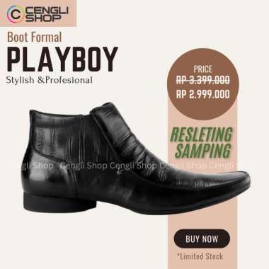 SEPATU PLAYBOY BOOT PRIA ORIGINAL BOOTS FORMAL KULIT ASLI ORI SLIP ON RESLETING SAMPING HITAM BLACK 