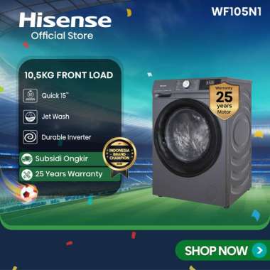 Hisense Mesin Cuci WF105N1 Front Loading Kapasitas 10.5KG 1 Tabung Bukaan Depan Active Water Plus AI