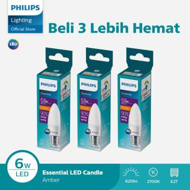 Paket Hemat 3X Lampu Philips Bohlam ESS LED Candle 6W E27 2700K Kuning .
