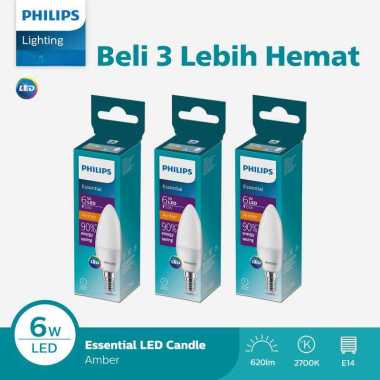 Paket Hemat 3X Lampu Philips Bohlam ESS LED Candle 6W E14 2700K Kuning.
