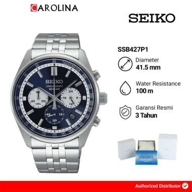 Jam Tangan Pria Seiko Chronograph SSB427P1 Reverse Blue Panda Dual Tone Dial Stainless Steel Strap