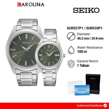 Jam Tangan Couple Seiko Classic SUR527P1/SUR533P1 Olive Green Dial Stainless Steel Strap