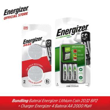 Bundling Baterai Energizer Lithium Coin 2032 BP2 + Charger Energizer 4 Baterai AA 2000 MaH