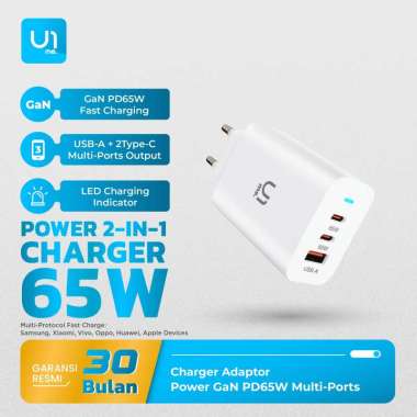 U1me. Power GaN Kepala Charger Adaptor Fast Charging PD 65W 3 Port Multi-Protocol Samsung, Xiaomi, V