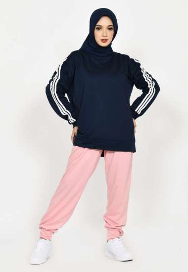 LEZAHRASIGNATURE Set Sporty Joana NAVY-ABU Setelan Baju Training Olahraga Muslim Wanita Fit XXL Jumb