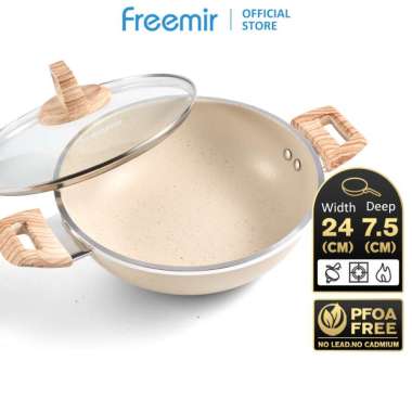 freemir Deep Wood Series Wajan Panci 24cm Warna Hitam/Beige Kedalaman 7.5cm/10cm Anti Lengket 24 cm