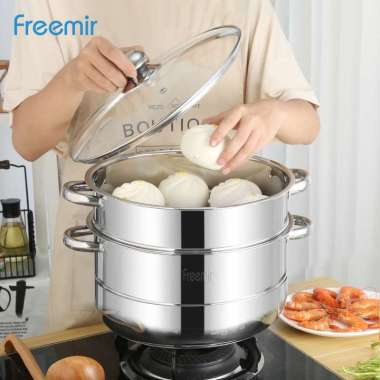 freemir Panci Kukus 26Cm Double Layer Single Grate Steamer With Steel Handle 26DF-8001 Silver