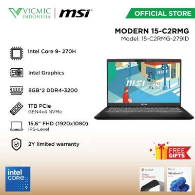 MSI MODERN 15 C2RMG 279ID [INTEL CORE 9-270H/ 8+8GB/ 1TB/ 15,6" FHD IPS/ WIN11HOME/ OHS] CLASSIC BLA