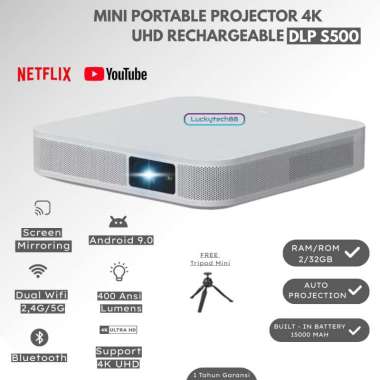 Proyektor DLP S500 Android 9.0 400 ANSI Lumens RAM 2/32 GB Support 4K 1080P | DLP S500 | Smart Proye