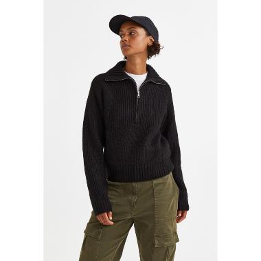 H&M Otto Half Zip Sweater Wanita - Black [1087601001] M
