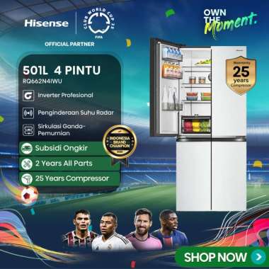 Hisense Kulkas RQ662N4IWU Refrigerator 4 Pintu Kapasitas 555L Warna Putih Inverter Pro 360 Derajat M