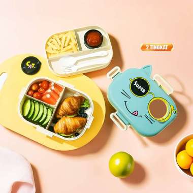 OEM ONE-C1282 Kotak Makan Set Anak 2 Tingkat Karakter Kucing Lucu Food Grade / Tempat Makan Anak Luc