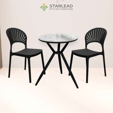 STARLEAD Set Meja Makan Bulat Minimalis Aria / Axis - Snow White/Ermine Grey 60cm + 2 Kursi Plastik 