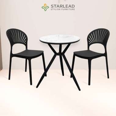 STARLEAD Set Meja Makan Bulat Minimalis Aria / Axis - Snow White/Ermine Grey 60cm + 2 Kursi Plastik 